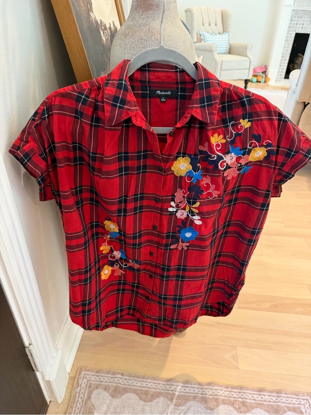 Madewell Red Plaid Button-Front Shirt with Floral Embroidery